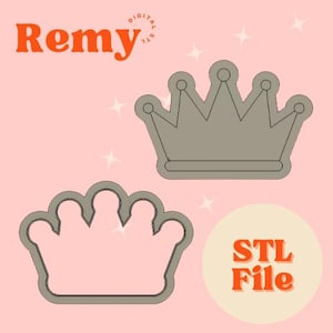 May include: Two gray crown-shaped cookie cutters on a pink background with white star accents. The word "Remy" is in orange script at the top left, and "STL File" is in orange block letters on a cream circle.