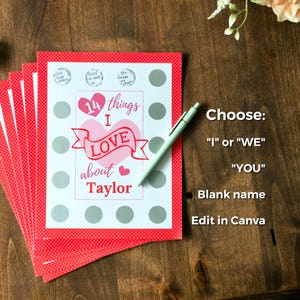 Carte de l'Avent imprimable modifiable « 14 Things I/WE Love About You » pour stickers à gratter