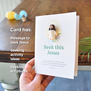 Tarjeta de Pascua imprimible "Busca a este Jesús" para colocar en la mini figura de Jesús