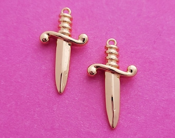 2 x Gold Plated Dagger Replica Charms - 26mm x 14mm - Fast Shipping from UK Seller