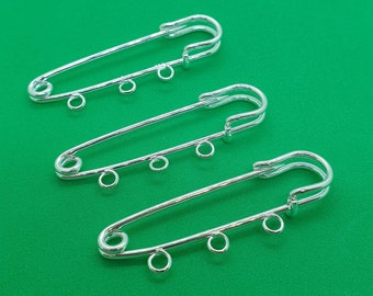3 x Silver Plated Kilt Pin Brooch Findings - 50mm x 16mm - 3 Loops