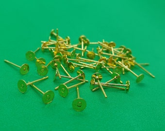 50 pcs Gold Plated Earring Posts with 4mm Flat Pad - Stud Earrings