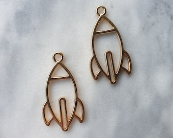 2 x Gold Plated Rocket Ship Charms - 30mm x 16mm - Fast Shipping from UK Seller