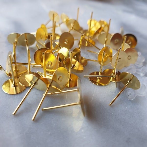 50 pcs Gold Plated Earring Posts with 8mm Flat Pad - Stud Earrings