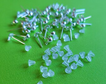 50 pcs Silver Plated Half Round Earring Posts with Loop - Stud Earring Blanks