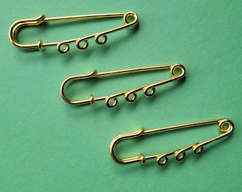 3 x Gold Plated Kilt Pin Brooch Findings - 50mm x 17mm - 3 Loops