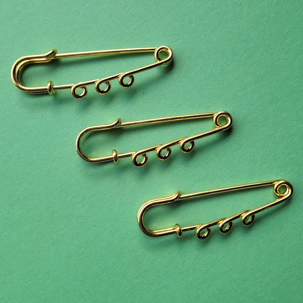 3 x Gold Plated Kilt Pin Brooch Findings - 50mm x 17mm - 3 Loops