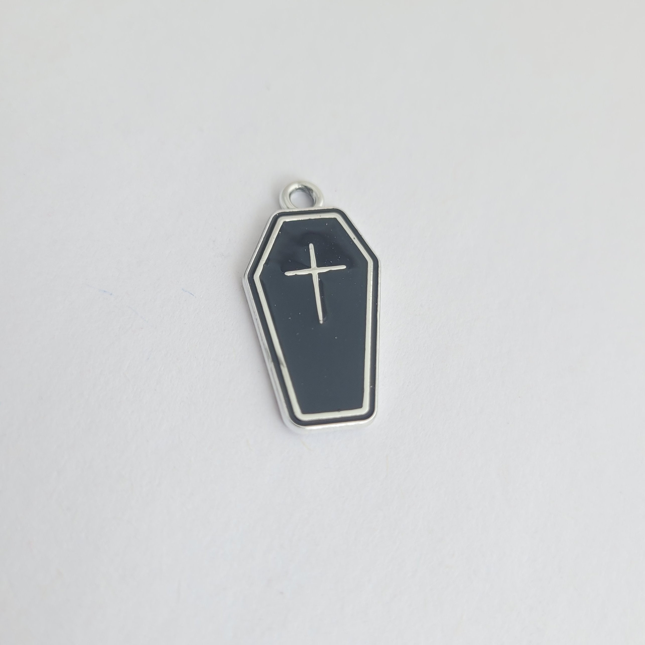 2 Black Coffin Charms 25mm Silver Plated Halloween Enamel