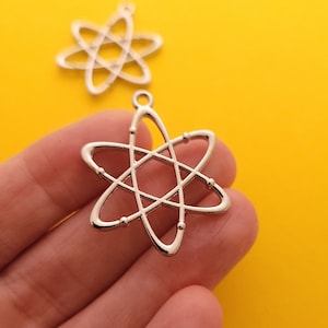 2 x Silver tone Atom Charms - 33mm x 26mm - Fast Shipping from UK Seller