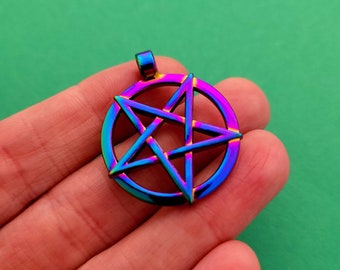 1 x Metal Pentagram Pendant with Bail - purple and blue dichroic style -  Fast Shipping from UK Seller