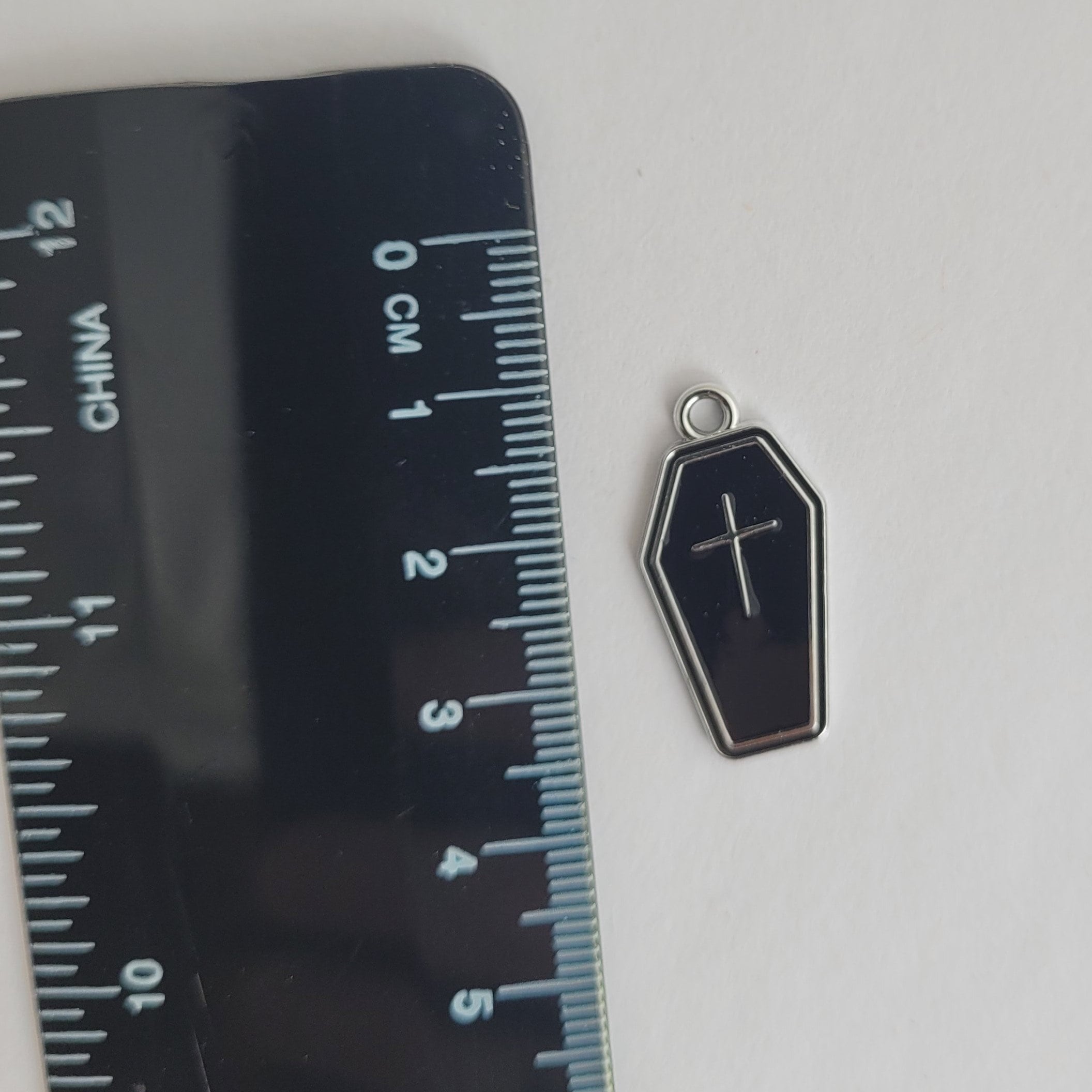 2 Black Coffin Charms 25mm Silver Plated Halloween Enamel