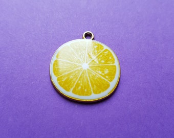 1 x Lemon slice charm - clear enamel on a gold plated metal back - Fruit Pendant