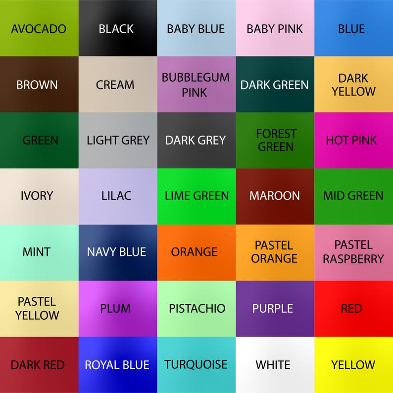 K&ouml;nnte beinhalten: Eine Farbkarte mit 25 verschiedenen Farbfeldern, die jeweils mit einem Farbnamen beschriftet sind. Die Farben umfassen Avocado, Schwarz, Babyblau, Babyrosa, Blau, Braun, Creme, Kaugummirosa, Dunkelgr&uuml;n, Dunkelgelb, Gr&uuml;n, Hellgrau, Dunkelgrau, Waldgr&uuml;n, Pink, Elfenbein, Lila, Limettengr&uuml;n, Rotbraun, Mittelgr&uuml;n, Minze, Marineblau, Orange, Pastellorange, Pastellhimbeere, Pastellgelb, Pflaume, Pistazie, Lila, Rot, Dunkelrot, K&ouml;nigsblau, T&uuml;rkis, Wei&szlig; und Gelb.