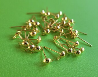 50 pcs Gold Plated Half Round Earring Posts with Loop - Stud Earring Blanks