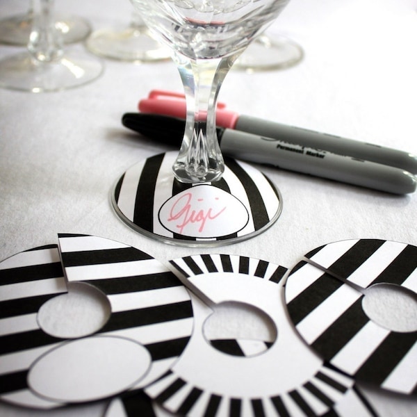 Printable Paper Black and White Stripe Collection Wine Glass Slipper Name Card Tag