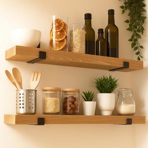 Handcrafted Floating Shelf with Metal Brackets: American Oak Finish