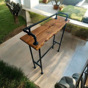 Rustic Outdoor Bar Table with Live Edge Wood Top and Black Pipe Base – Handmade Patio High Table for Balcony, Garden or Backyard Use