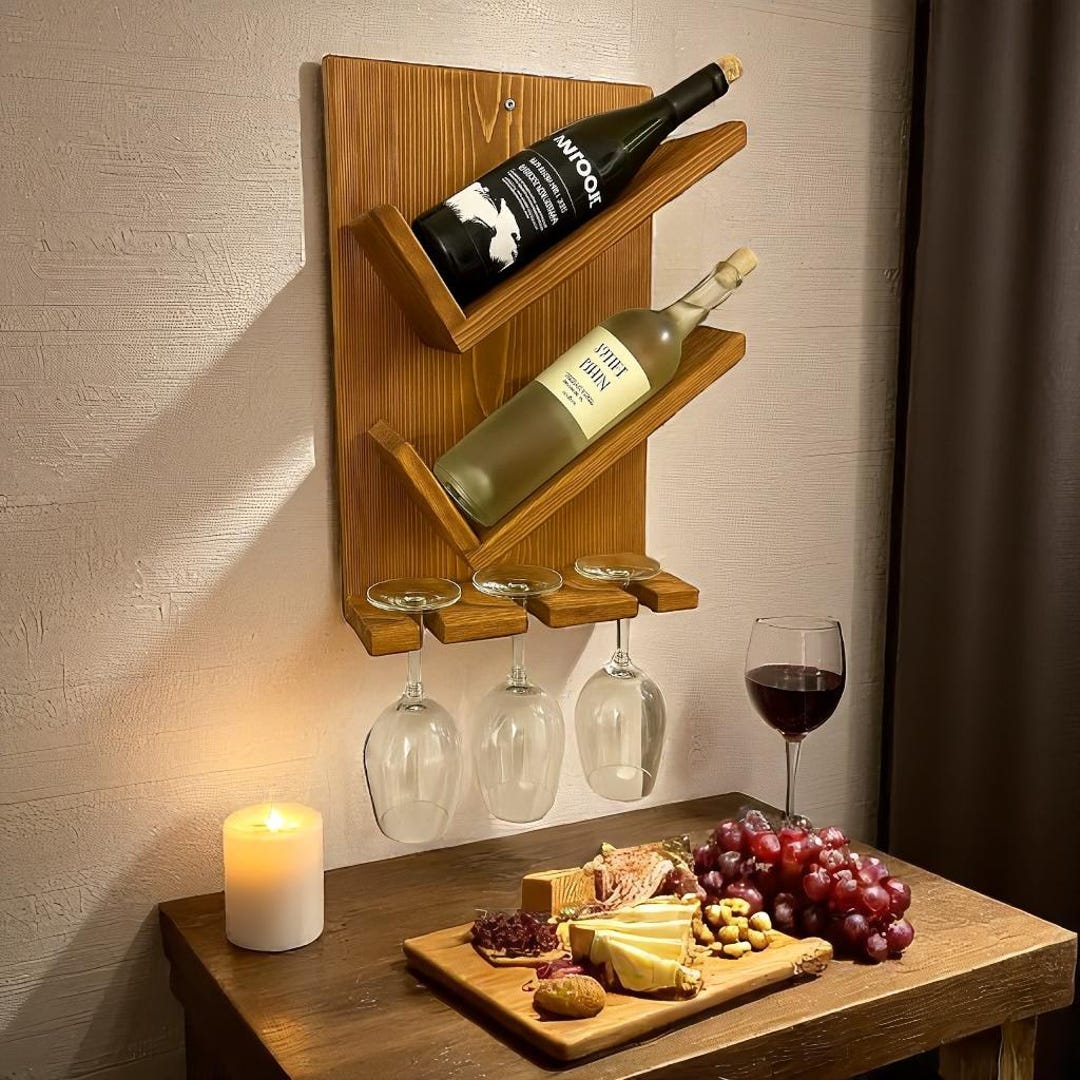 Rustic Wall Mounted Wine Rack: Dark Walnut Wood Bar Decor - Etsy UK