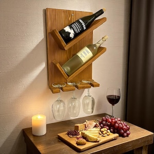 Rustic Wall Mounted Wine Rack, Handmade Wood Wine Shelf with Glass Holder, Dark Walnut Bar Decor, Wine Gift for Him or Her