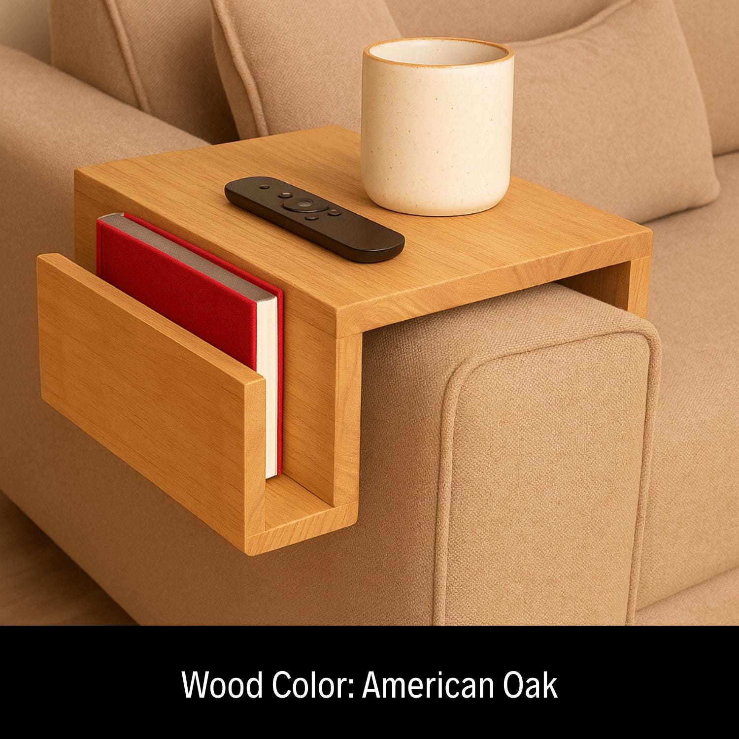 Wooden Sofa Armrest Tray With Book Holder, Couch Arm Table