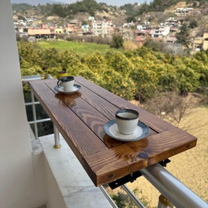 Outdoor Balcony Bar Table, Railing Mounted Rustic Wood Table, Small Space Patio Furniture, Narrow Balcony Shelf, Urban Garden Bar Table