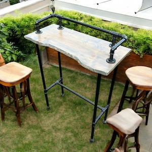 Rustic Outdoor Bar Table, Live Edge High Top Table with Industrial Pipe Legs, Handmade Patio Bar Table, Garden Balcony Pub Table