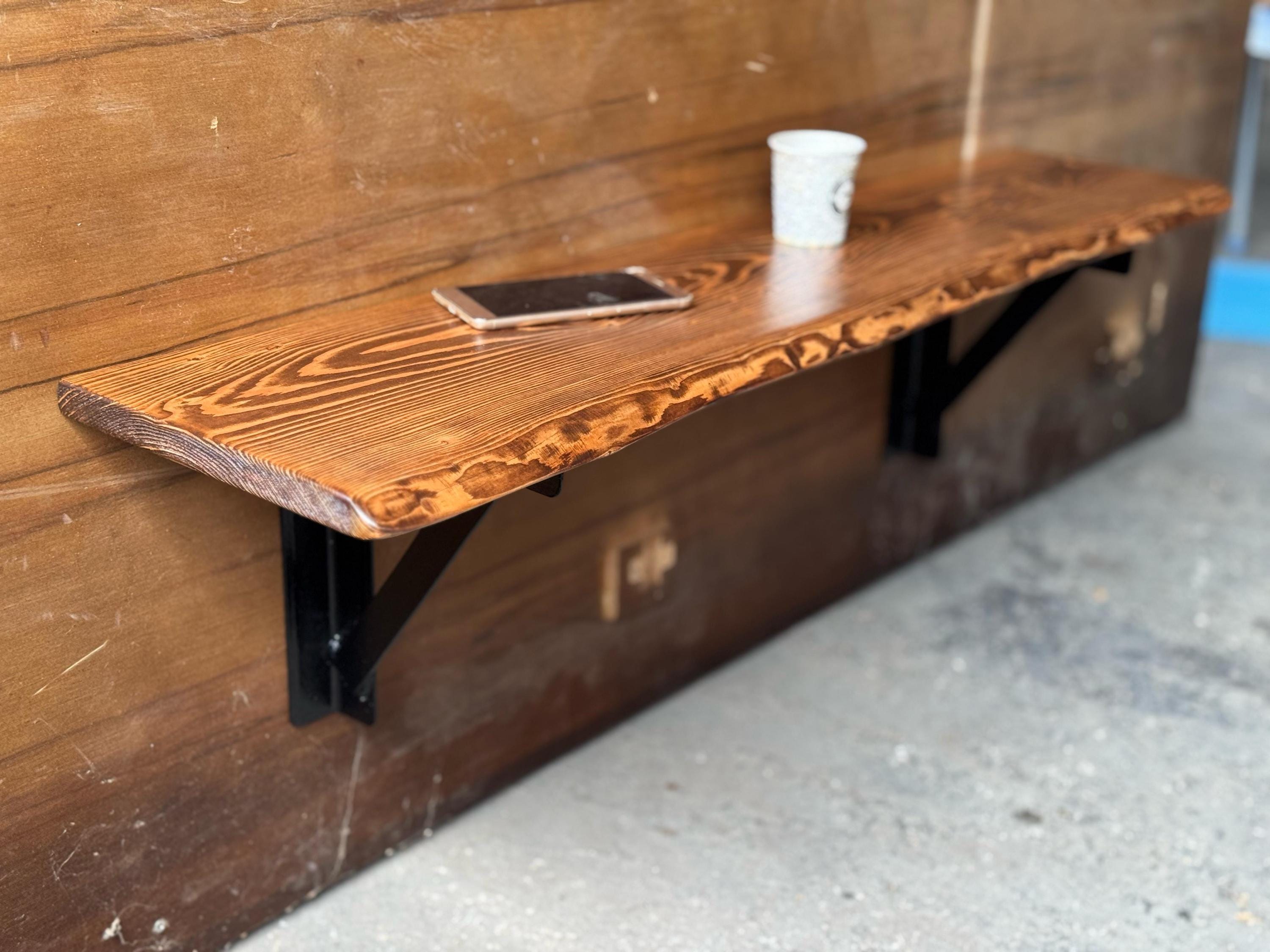 Live Edge Bar Table: Rustic Floating Pine Wood Counter with Metal Brackets