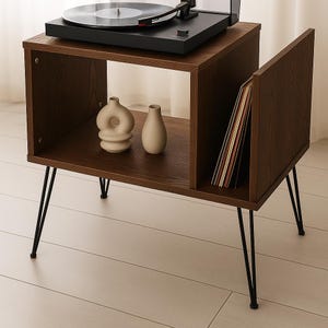 Mid Century Modern Record Player Stand: Solid Pine Vinyl Storage