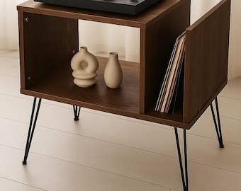 Mid Century Modern Record Player Stand: Solid Pine Vinyl Storage
