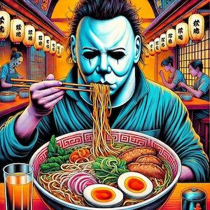 May include: Illustration of a figure in a mask eating ramen noodles with chopsticks. The bowl is filled with noodles, vegetables, and eggs. The background shows a restaurant setting with lanterns and people eating.