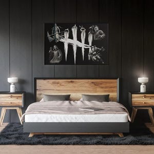 May include: A contemporary bedroom scene with a bed featuring a wooden headboard, accompanied by two bedside tables with lamps. A black and white artwork is displayed above the bed. The room has dark walls and a black rug.