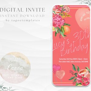 Digital, Editable, Pink and Orange Invite, Girls Birthday Invite, Pink and Orange Theme, Invite for her