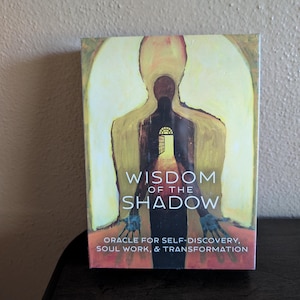 May include: A rectangular oracle card deck box featuring a dark silhouette of a figure standing in a yellow archway. The text reads WISDOM OF THE SHADOW and ORACLE FOR SELF-DISCOVERY, SOUL WORK, & TRANSFORMATION. The figure has blue-toned hands.
