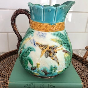 Antique English Majolica Heron Pitcher, Victorian-Era Majolica, Hand-Painted Tropical Design, Bird Motif Pitcher
