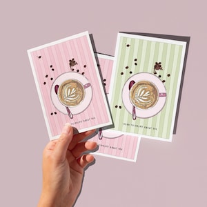 Latte Fine Art Greetings Card - 'Bean Thinking About You' - Pink Card