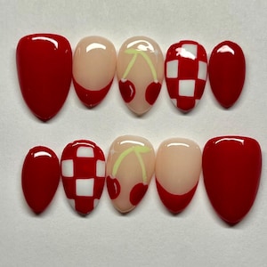 Red cherry checkered press-on nails