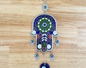 10" Enamel Hamsa Evil Eye Wall Hanging: Hand of Fatima Nazar Charm