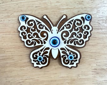 Engraved Wooden Butterfly Fridge Magnet: Evil Eye Home Decor