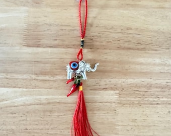 Elephant Hamsa Evil Eye Car Charm: Hand of Fatima, Good Luck Amulet