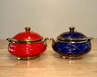 Ibeyi Twins Porcelain Tureens: Blue & Red with Gold Detailing