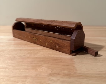 Hand-Carved Wooden Incense Burner Coffin with Brass Inlay & Storage