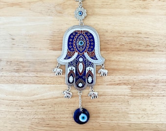 Hamsa Evil Eye Wall Hanging with Elephants: Spiritual Home Decor