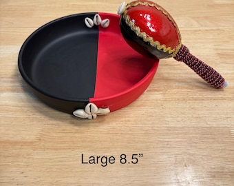 Handcrafted Clay Elegua Plate with Maraca COMBO (SAVE) Red & Black Altar Set