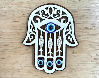 Hamsa Nazar Fridge Magnet: Handcrafted Wooden Evil Eye Souvenir