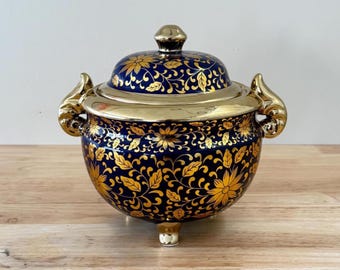 Yemaya Porcelain Tureen: Blue & Gold Ginger Jar (10.5" x 10")