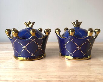 Ibeyi Twins Porcelain Tureens: Blue & Red Crown Lidded Soperas