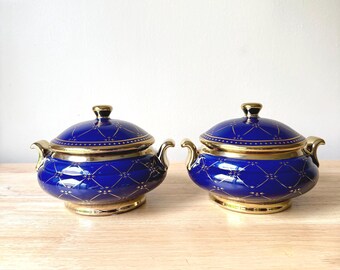 Ibeyi Twins Porcelain Tureens: Blue & Gold Soperas Santo Potiche