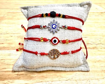 Evil Eye Red String Bracelet Set: Azabache, Hamsa, Tree of Life