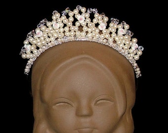 Cream Tiara With Ceramic Roses And Crystals And Pearls By Swarovski