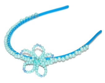 Blue Pearl Child's Hair Band With Beaded Flower Decoration